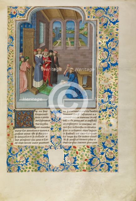 Froissart Kneeling before Gaston Phébus, Count of Foix, c1360s; about 1480-1483. Creator: Master of the Soane Josephus.