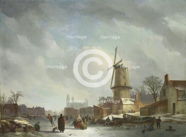 Frolicking on a Frozen Canal in a Town, 1830-1837. Creator: Abraham Johannes Couwenberg.