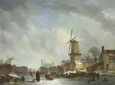 Frolicking on a Frozen Canal in a Town, 1830-1837. Creator: Abraham Johannes Couwenberg