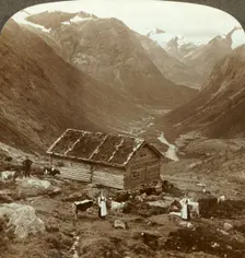 From the mountain inn at Vidde saeter down the Vidde valley - Mt. Skaala in right distance c1905. Creator: Unknown