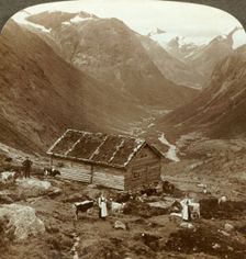 From the mountain inn at Vidde saeter down the Vidde valley - Mt. Skaala in right distance c1905. Creator: Unknown