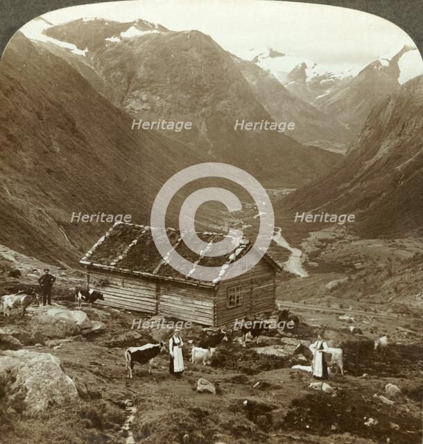 'From the mountain inn at Vidde saeter down the Vidde valley - Mt. Skaala in right distance', c1905. Creator: Unknown.