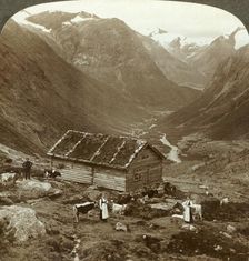 From the mountain inn at Vidde saeter down the Vidde valley - Mt. Skaala in right distance c1905. Creator: Unknown