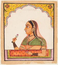 From a series of female portraits: A lady at a jharoka window holding a rose, c. 1730. Creator: Unknown