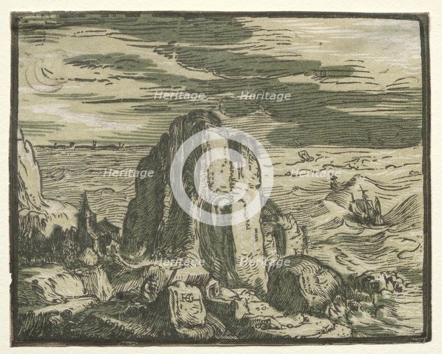 From a set of 4 Landscapes: Cliffon the seashore. Creator: Hendrick Goltzius (Dutch, 1558-1617).