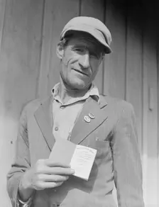 From Oklahoma farm (April 1938) to strike leader in California, Kern County, California, 1938. Creator: Dorothea Lange