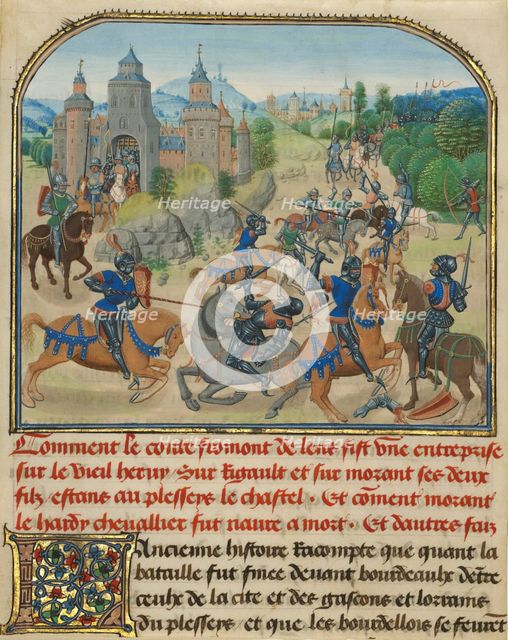 Fromont de Lens Leaving Bordeaux and the Battle against..., written 1463-1465; illuminated 1467-1472 Creators: Loyset Liedet, Pol Fruit.