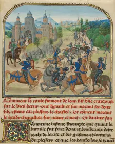 Fromont de Lens Leaving Bordeaux and the Battle against..., written 1463-1465; illuminated 1467-1472 Creators: Loyset Liedet, Pol Fruit