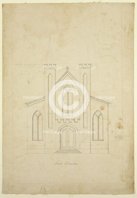 Front Elevation Drawing for St. Luke's Episcopal Church, Catskill, New York, between 1839 and 1840. Creator: Thomas Cole.