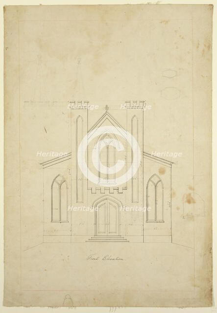 Front Elevation Drawing for St. Luke's Episcopal Church, Catskill, New York, between 1839 and 1840. Creator: Thomas Cole.