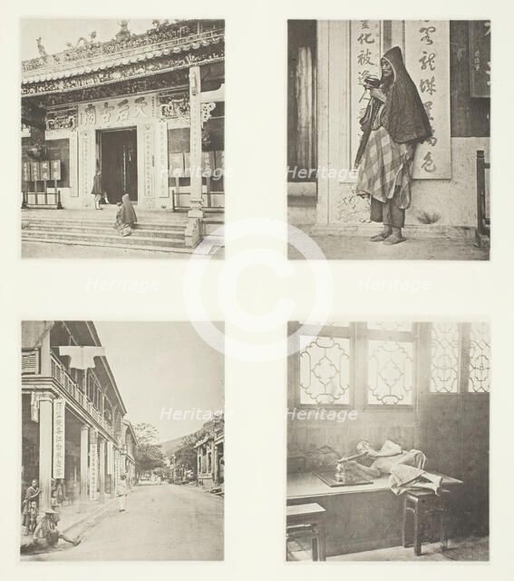Front of Kwan-Yin Temple, Hong-Kong; A Mendicant Priest; A Street in Hong-Kong; Opium..., c. 1868. Creator: John Thomson.