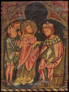 Front of Sant Cebrià of Cabanyes Saint Cyprian is taken by three hired assassins to the Emper…