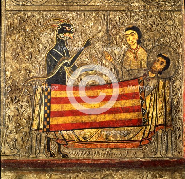 Front of Sant Marti of Gia or Xia in the Benasque Valley, Alta Ribagorza, with scenes of the life…