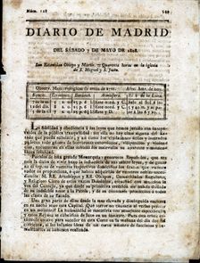 Front page of the Diario de Madrid No. 128, Saturday, May 7, 1808, published in Madrid