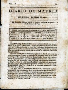 Front page of the Diario de Madrid No. 128, Saturday, May 7, 1808, published in Madrid