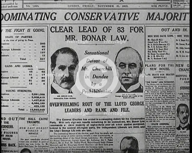 Front Page of a British Newspaper With the Headline Reading 'Dominating Conservative Majority', 1922 Creator: British Pathe Ltd.