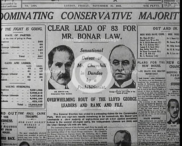 Front Page of a British Newspaper With the Headline Reading 'Dominating Conservative Majority', 1922 Creator: British Pathe Ltd.