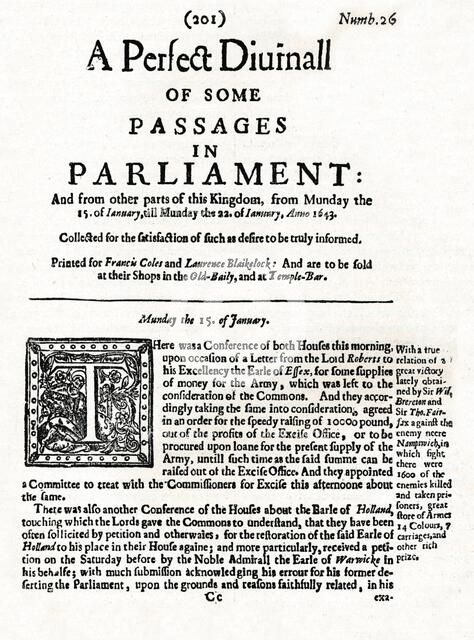 Front page of A Perfect Diurnall of Some Passages in Parliament, 1643 (1905). Artist: Unknown.