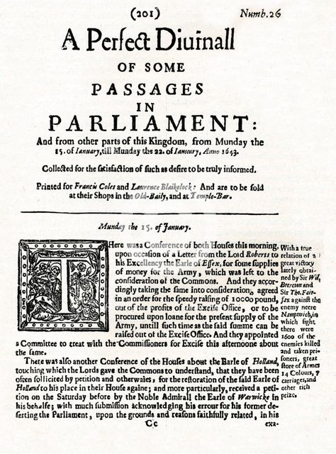 Front page of A Perfect Diurnall of Some Passages in Parliament, 1643 (1905). Artist: Unknown.
