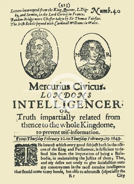 Front page of "Mercurius Civicus: London's Intelligencer", February 1643, (1945).  Creator: Unknown.