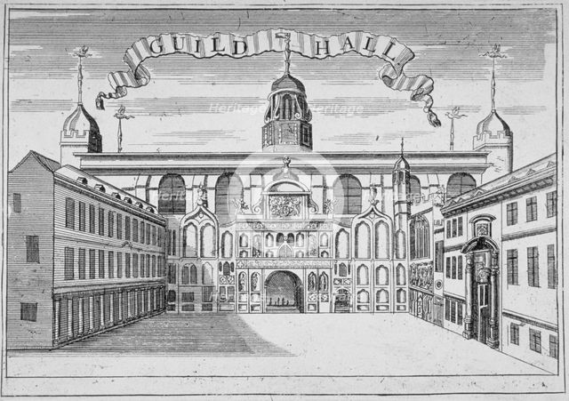 Front view of the Guildhall, looking north across Guildhall Yard, City of London, 1700. Artist: Anon