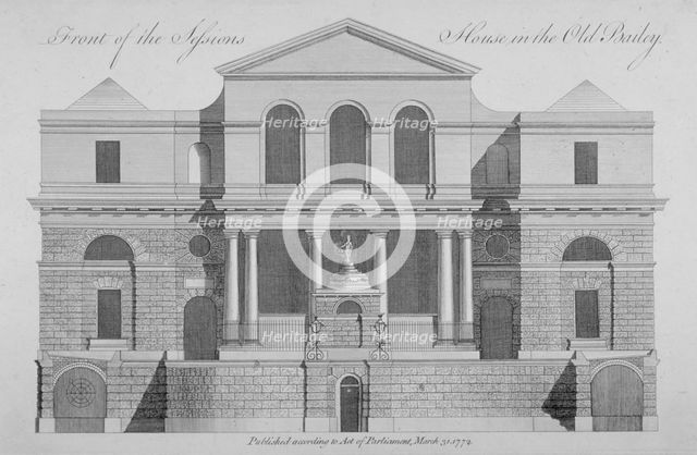 Front view of the Sessions House, Old Bailey, City of London, 1772. Artist: Anon