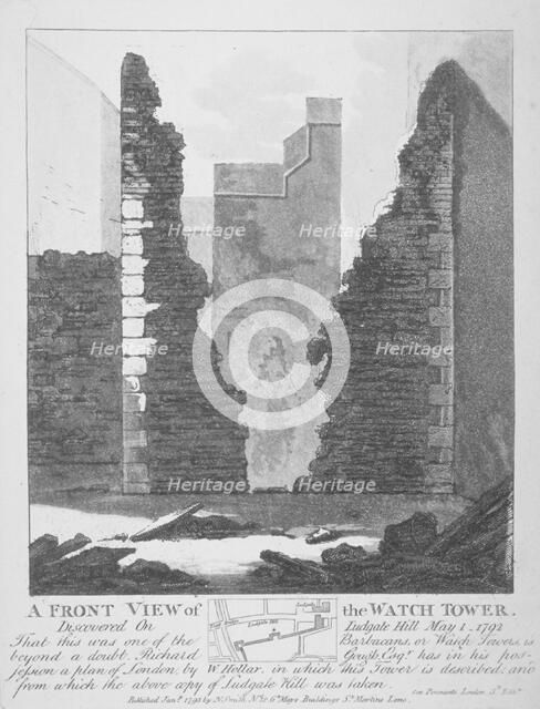 Front view of the watch tower on Ludgate Hill, City of London, 1793. Artist: John Thomas Smith