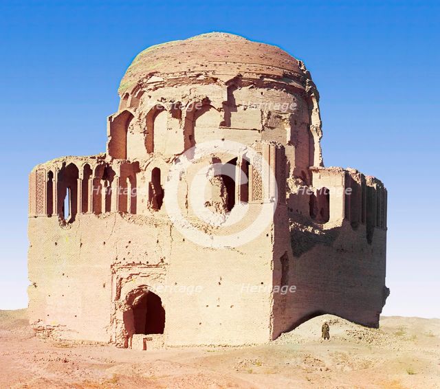 Front view of a crumbling mosque, with a man standing beside it, between 1905 and 1915. Creator: Sergey Mikhaylovich Prokudin-Gorsky.