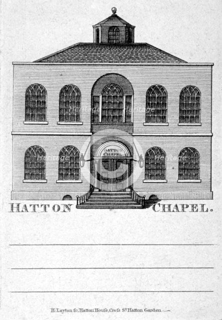 Front view of Hatton Chapel, Hatton Garden, London, c1750.                        Artist: Anon
