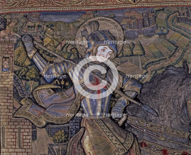 Frontal of Saint George, in linen embroidered fabric, year 1450-1451, detail of St. George.