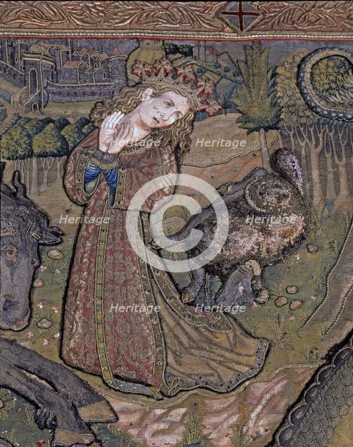 Frontal of Saint George, in linen embroidered fabric, years 1450-1451, detail of the captive prin…