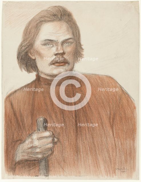 Frontal Portrait from the Waist Up of Maxime Gorki, 1905. Creator: Theophile Alexandre Steinlen.