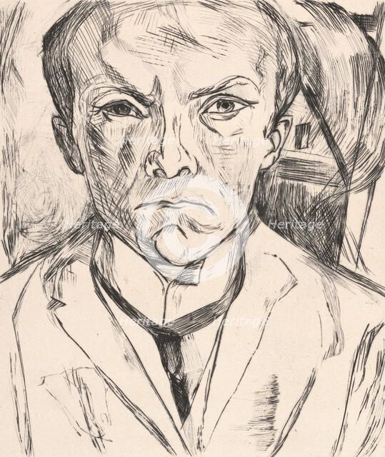 Frontal Self-Portrait with House Gable in Background (Selbstbildnis von vorn, im Hintergrund...,1918 Creator: Max Beckmann.