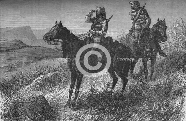 'Frontier Light Horse, on Vedette Duty, Discovering Zulus near Wood's Camp, on Kambula Hill', c1880. Artist: Unknown.