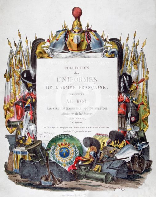Frontispiece of Collection des Uniformes de L'Armee Francaise presentee au Roi, 1823.  Artist: Charles Etienne Pierre Motte
