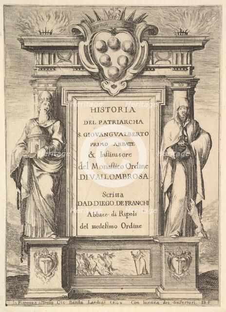 Frontispiece: a monument decorated with the Medici coat of arms at top in center, flames a..., 1640. Creator: Stefano della Bella.
