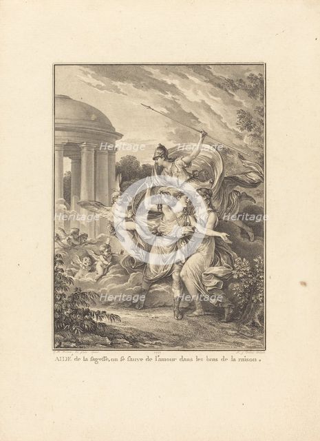 Frontispiece: Aidé de la sagesse, on se sauve de l'amour dans les bras de la raison, 1777. Creator: Antoine Jean Duclos.