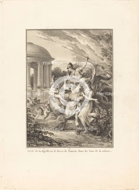 Frontispiece: Aidé de la sagesse, on se sauve de l'amour dans les bras de la raison, 1777. Creator: Antoine Jean Duclos.