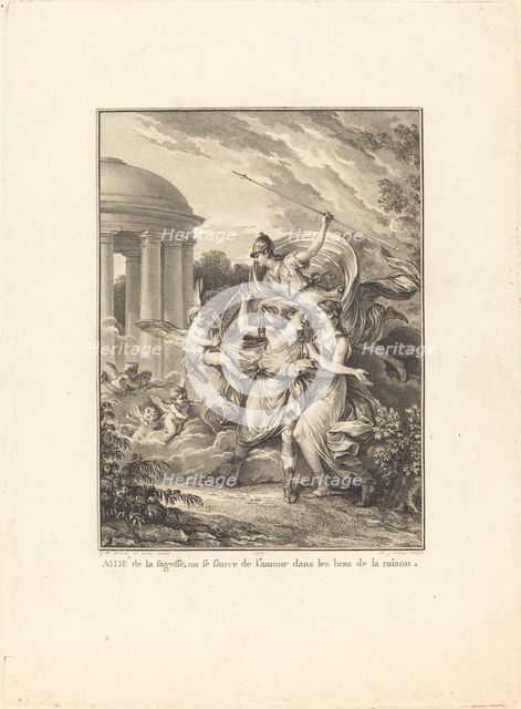 Frontispiece: Aidé de la sagesse, on se sauve de l'amour dans les bras de la raison, 1777. Creator: Antoine Jean Duclos.