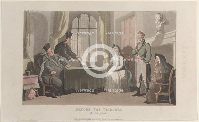 Frontispiece: Before the Tribunal at Avignon, from "Journal of Sentimental Travels in the ..., 1821. Creator: Thomas Rowlandson.