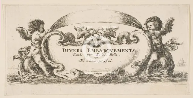 Frontispiece: cartouche at center, putti on either side riding on dolphins, from 'V..., ca. 1646-47. Creator: Stefano della Bella.