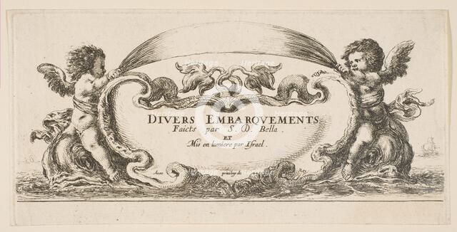 Frontispiece: cartouche at center, putti on either side riding on dolphins, from 'V..., ca. 1646-47. Creator: Stefano della Bella.
