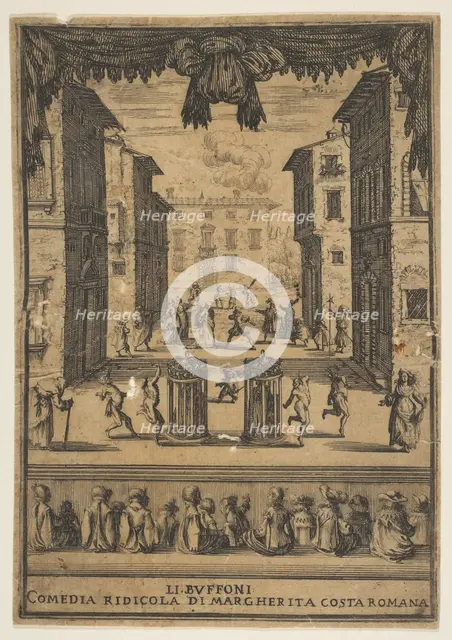 Frontispiece for the comedy 'The Buffoons' (Li Buffoni), a set on stage resembling a p..., ca. 1639. Creator: Stefano della Bella.