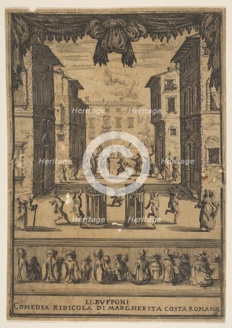 Frontispiece for the comedy 'The Buffoons' (Li Buffoni), a set on stage resembling a p..., ca. 1639. Creator: Stefano della Bella.