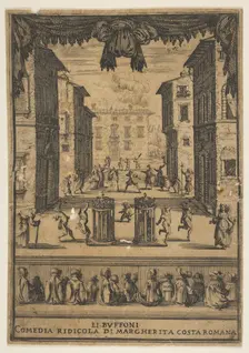Frontispiece for the comedy The Buffoons (Li Buffoni), a set on stage resembling a p..., ca. 1639. Creator: Stefano della Bella
