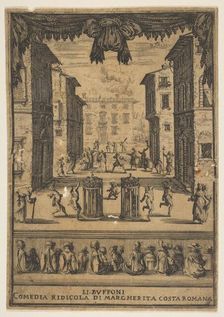 Frontispiece for the comedy The Buffoons (Li Buffoni), a set on stage resembling a p..., ca. 1639. Creator: Stefano della Bella