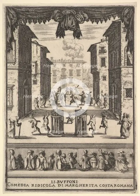 Frontispiece for the comedy 'The Buffoons' (Li Buffoni), a set on stage resembling a pu..., 1639-41. Creator: Stefano della Bella.