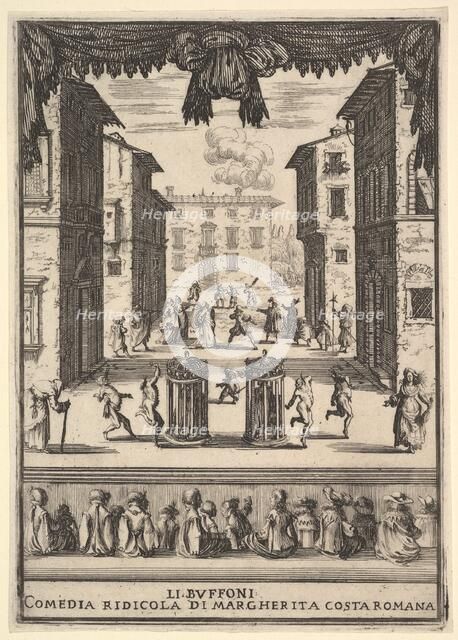 Frontispiece for the comedy 'The Buffoons' (Li Buffoni), a set on stage resembling a pu..., 1639-41. Creator: Stefano della Bella.
