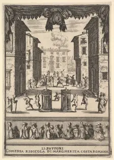 Frontispiece for the comedy The Buffoons (Li Buffoni), a set on stage resembling a pu..., 1639-41. Creator: Stefano della Bella