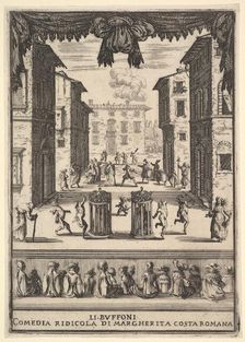 Frontispiece for the comedy The Buffoons (Li Buffoni), a set on stage resembling a pu..., 1639-41. Creator: Stefano della Bella